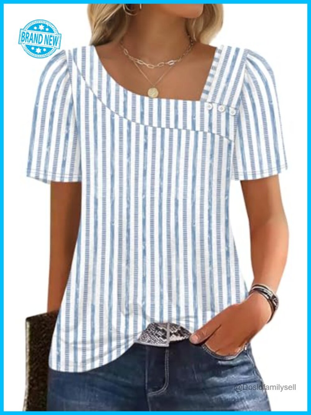 Womens Short Sleeve Square Neck Top with Buttons Loose Fit Casual T-Shirt
